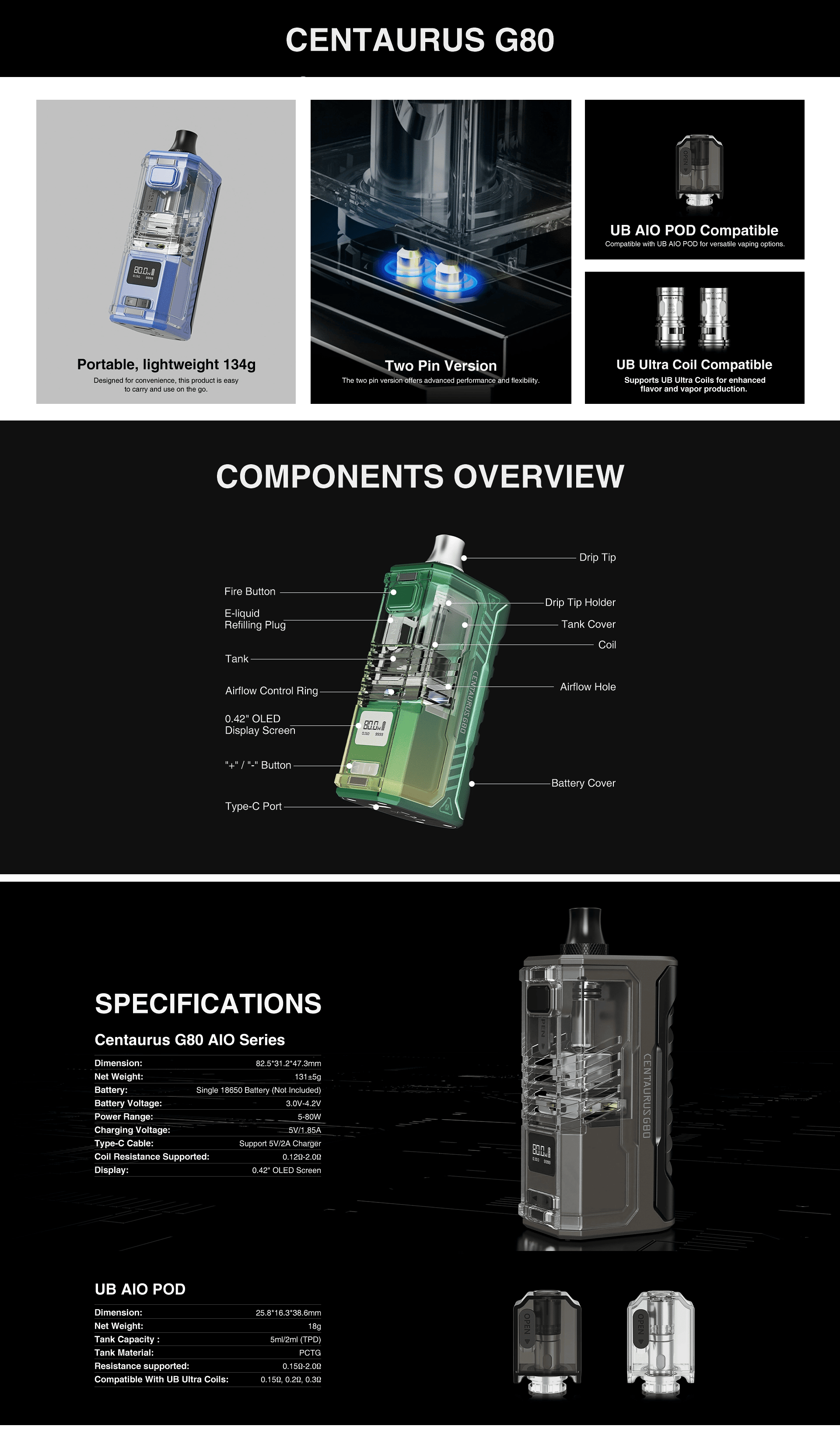 Centaurus G80 Boro AIO Kit 5ml 80W 18650 Banner3