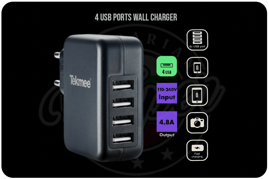 Tekmee 4x USB Ports Wall Charger Black Banner1