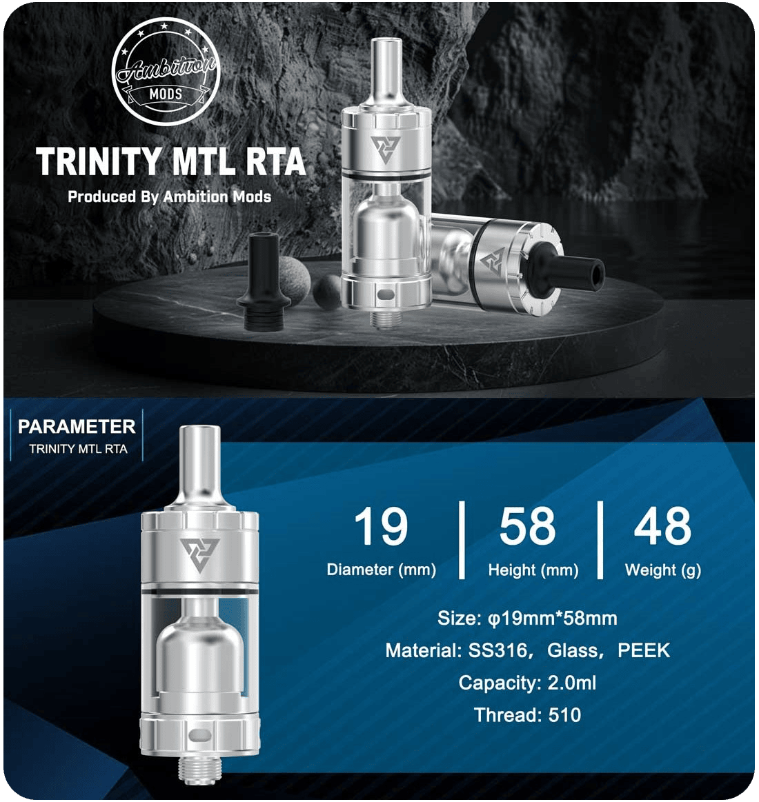 Ambition Mods Trinity MTL RTA 19mm 2ml Banner1