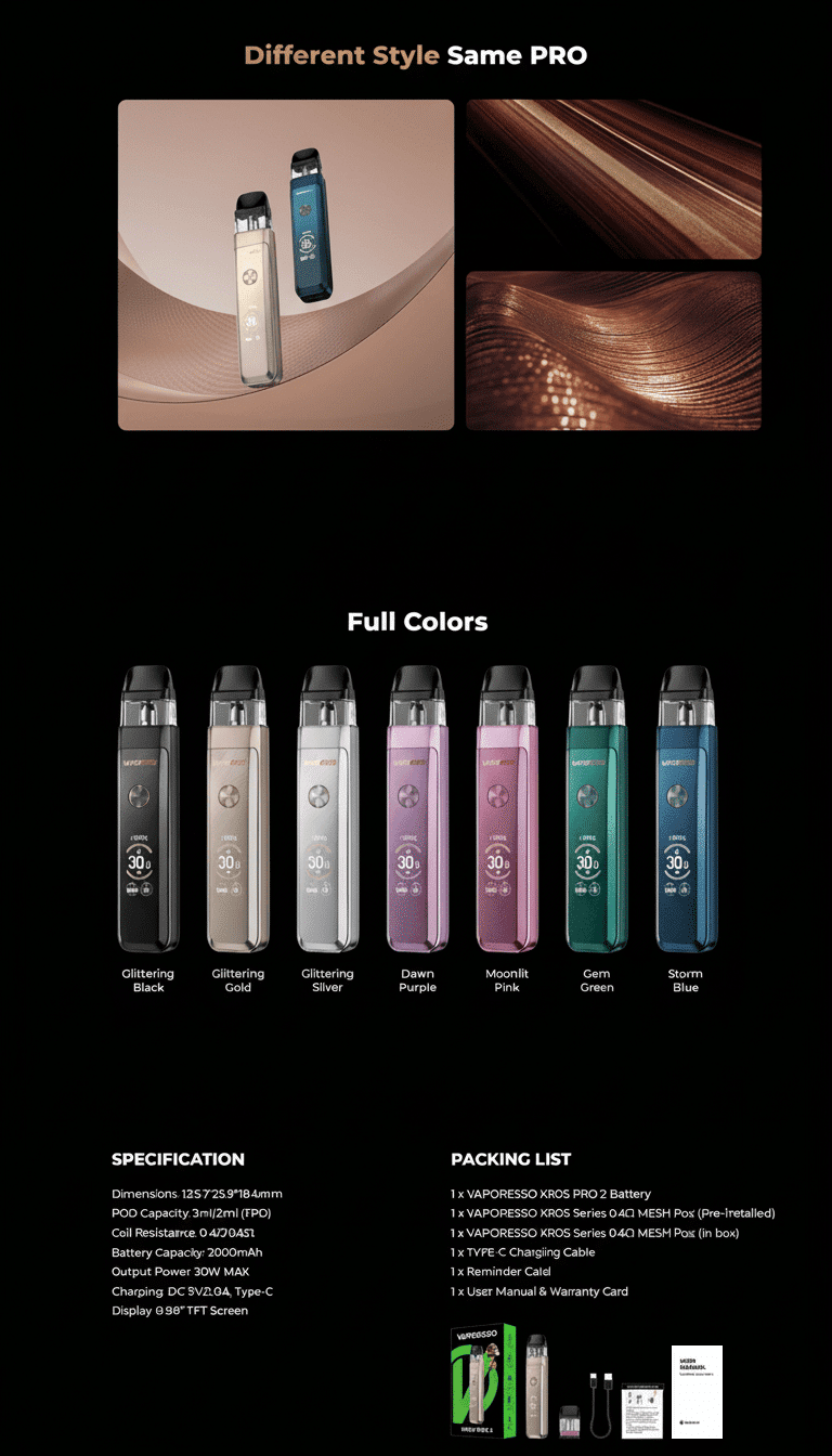 Vaporesso XROS Pro 2 Pod Kit 3ml 2000mAh Glittering Black Banner6
